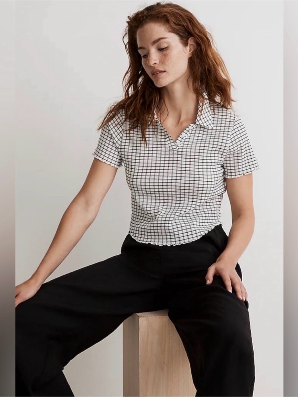 Madewell Black & White Crinkle Crop Polo